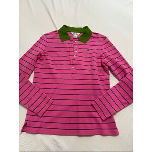 Lilly Pulitzer Vintage Pink Blue Stripe Long Sleeve Polo Shirt Size Small